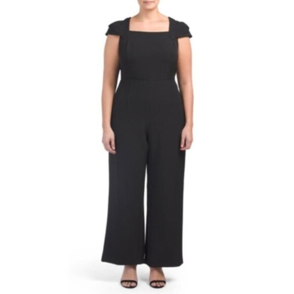 Adrianna Papell Womens Black Square Neck Wide Leg Jumpsuit Pants Plus Sz 22W New - Picture 1 of 7